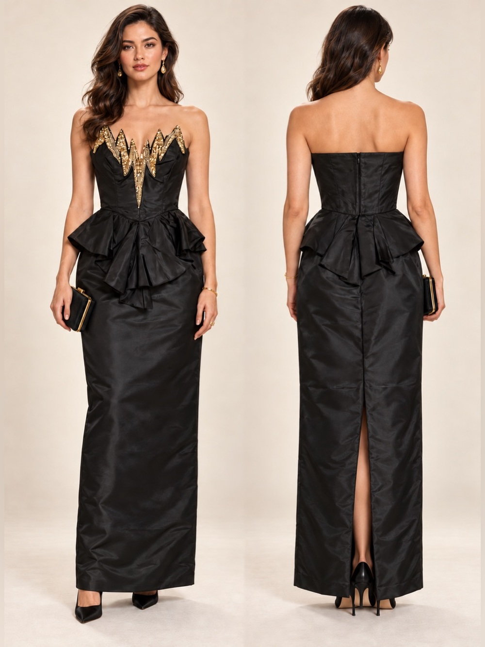 Vintage Karen Okada Black Gold Beaded Strapless Gown 11/12 NWOT